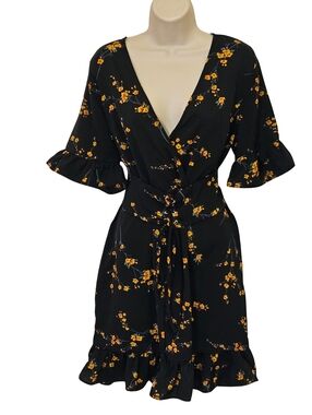 PRETTY LITTLE THING Black/Yellow Ditsy Floral Corset Swing Dress,Size 12,NWT
